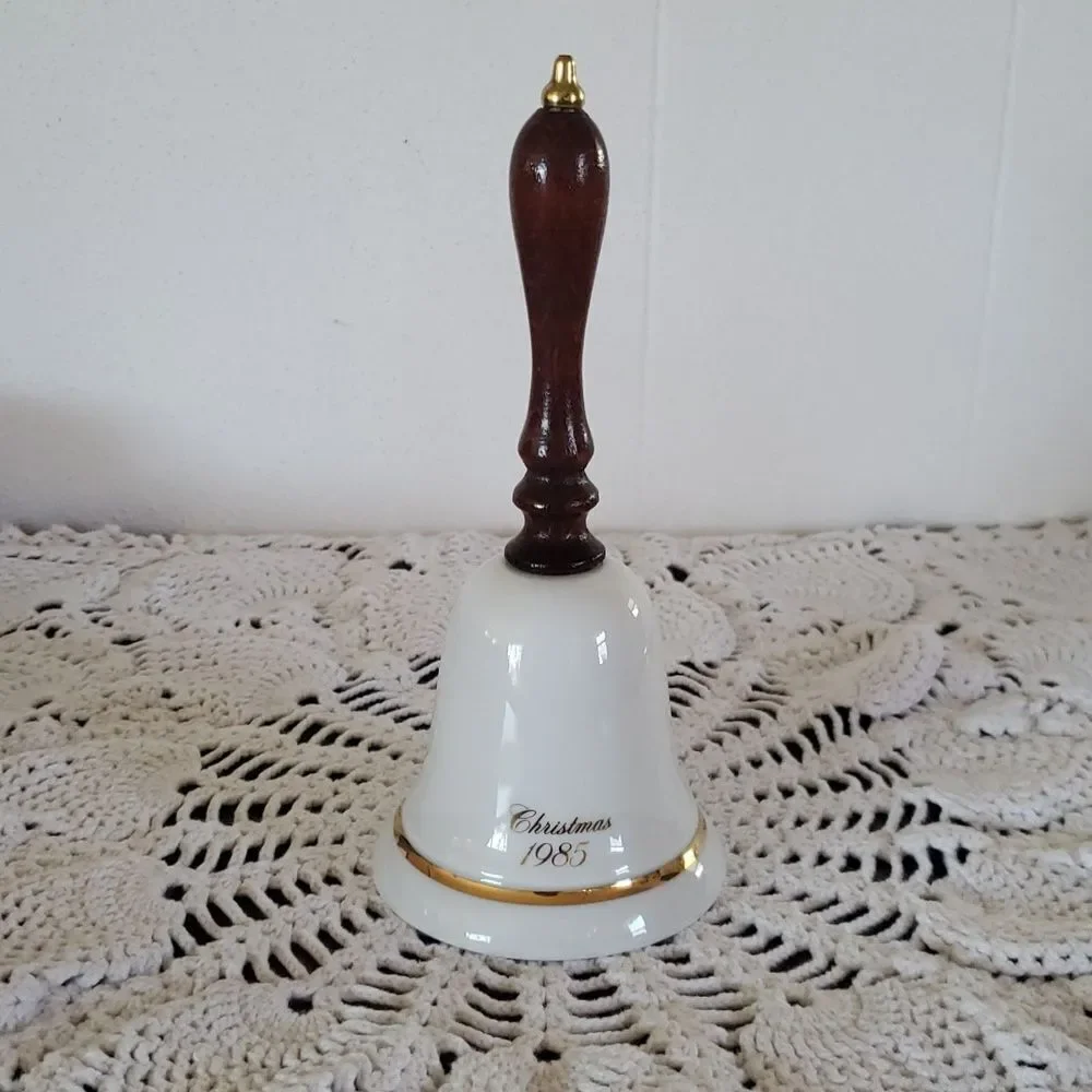 Vintage 1985 Avon Collectible Porcelain Christmas Bell with Wood Handle
